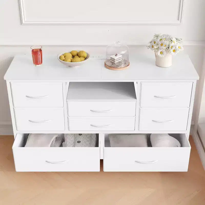 Meuble TV 8 tiroirs pour téléviseurs 55 pouces - Console média avec lumières réglables et plateau en bois, commode longue pour rangement de chambre et de salon