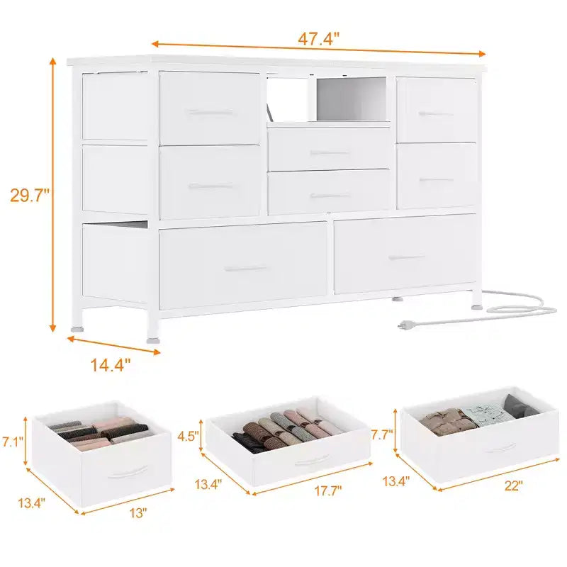 Meuble TV 8 tiroirs pour téléviseurs 55 pouces - Console média avec lumières réglables et plateau en bois, commode longue pour rangement de chambre et de salon