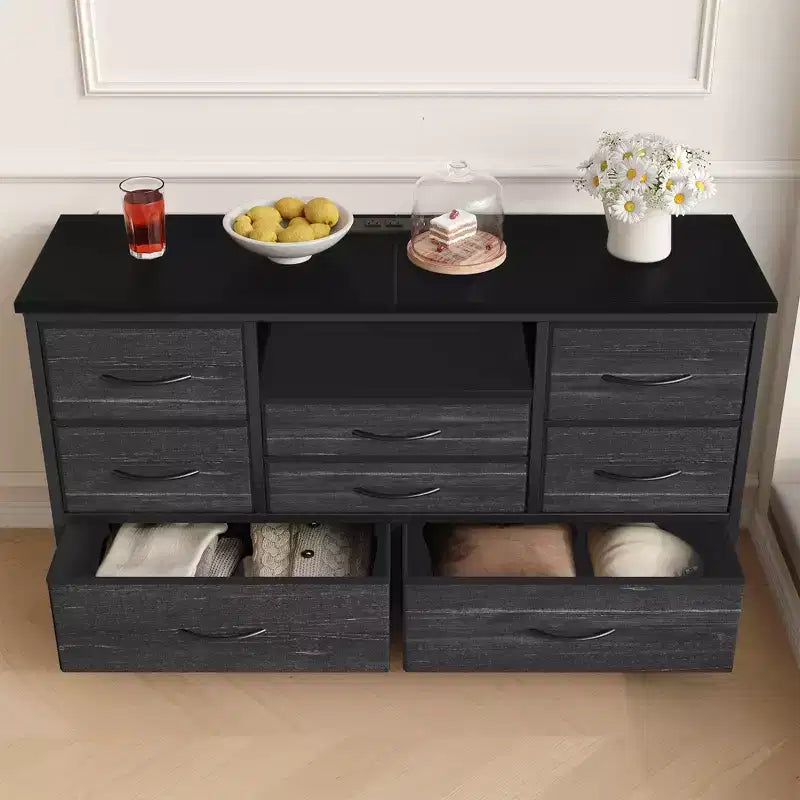 Meuble TV 8 tiroirs pour téléviseurs 55 pouces - Console média avec lumières réglables et plateau en bois, commode longue pour rangement de chambre et de salon