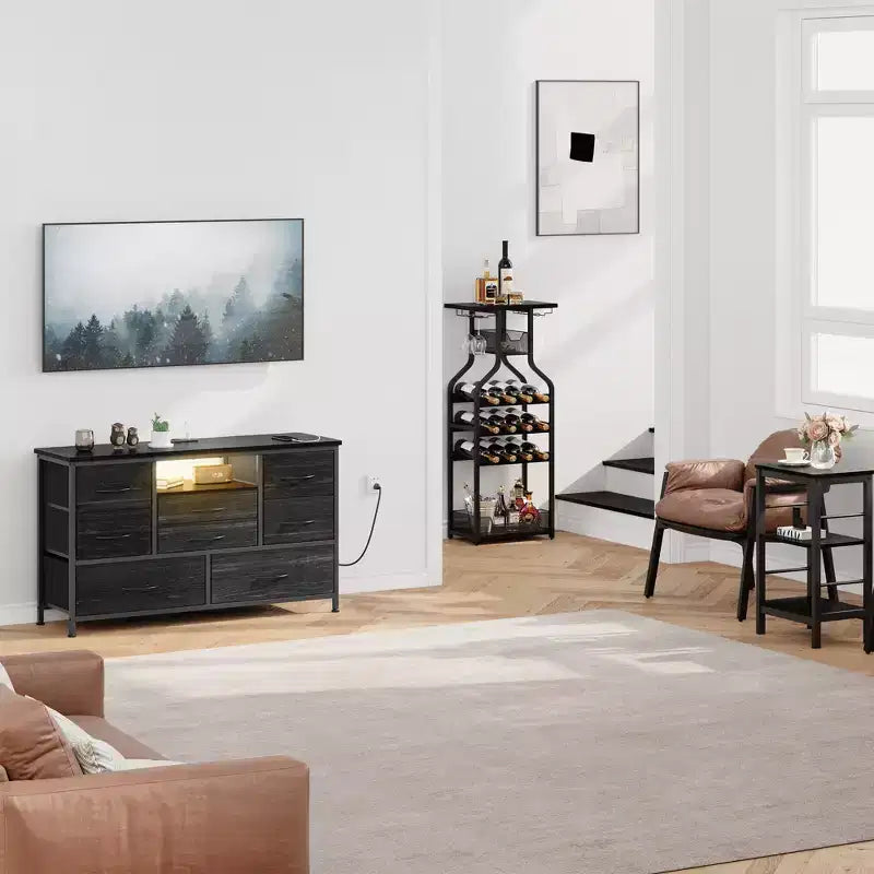 Meuble TV 8 tiroirs pour téléviseurs 55 pouces - Console média avec lumières réglables et plateau en bois, commode longue pour rangement de chambre et de salon