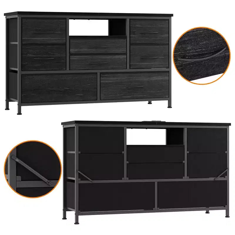 Meuble TV 8 tiroirs pour téléviseurs 55 pouces - Console média avec lumières réglables et plateau en bois, commode longue pour rangement de chambre et de salon