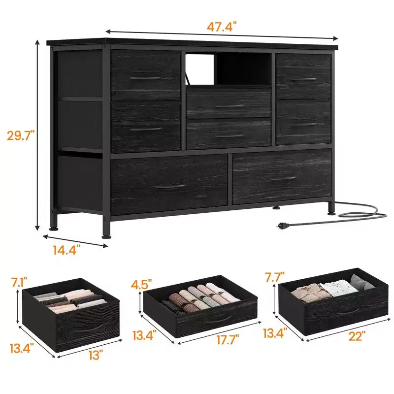 Meuble TV 8 tiroirs pour téléviseurs 55 pouces - Console média avec lumières réglables et plateau en bois, commode longue pour rangement de chambre et de salon