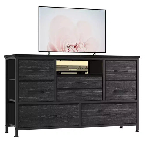 8-Drawer TV Stand for 55 TVs - Media Console with Adjustable Lights & Wood Top, Long Dresser for Bedroom & Living Room Storage