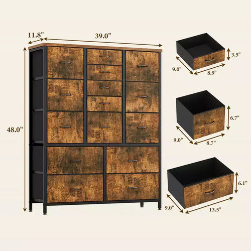 Commode en tissu à 15 tiroirs, 122 cm de haut - Tour de rangement avec cadre en acier et plateau en bois pour chambre, dressing, salon