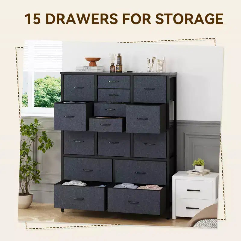 Commode en tissu à 15 tiroirs, 122 cm de haut - Tour de rangement avec cadre en acier et plateau en bois pour chambre, dressing, salon