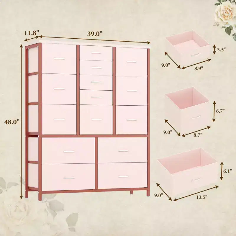 Commode en tissu à 15 tiroirs, 122 cm de haut - Tour de rangement avec cadre en acier et plateau en bois pour chambre, dressing, salon