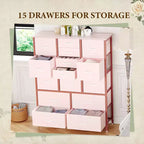 Commode en tissu à 15 tiroirs, 122 cm de haut - Tour de rangement avec cadre en acier et plateau en bois pour chambre, dressing, salon