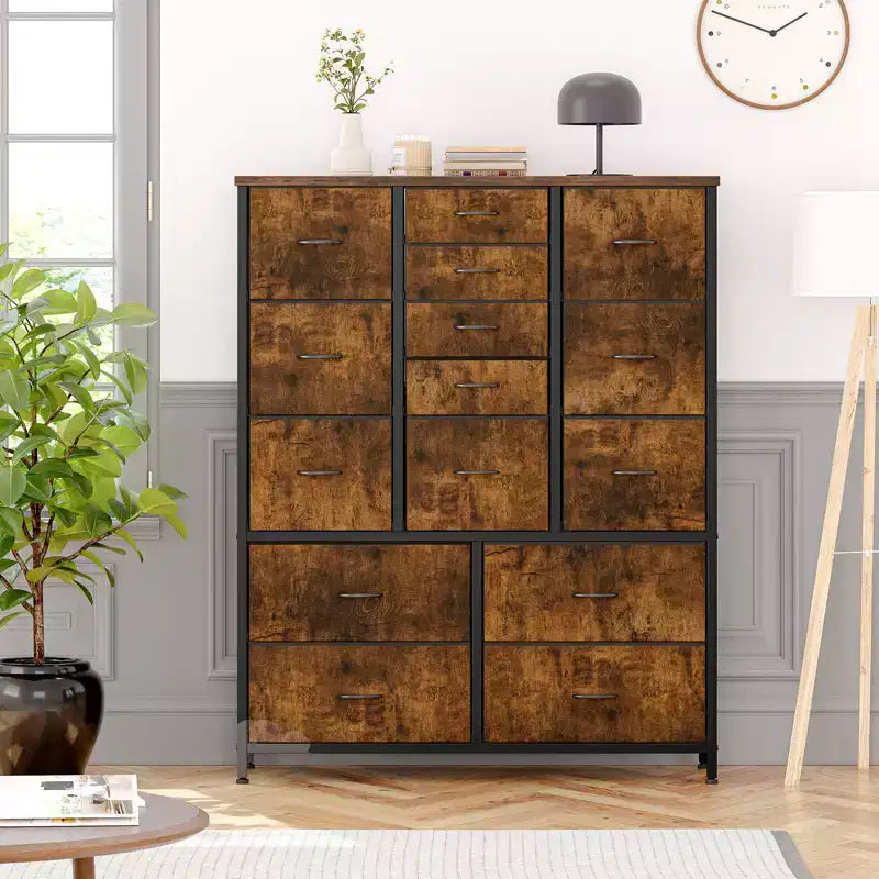 Commode en tissu à 15 tiroirs, 122 cm de haut - Tour de rangement avec cadre en acier et plateau en bois pour chambre, dressing, salon