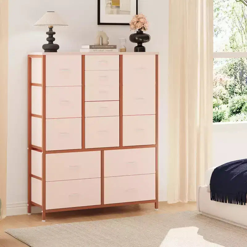Commode en tissu à 15 tiroirs, 122 cm de haut - Tour de rangement avec cadre en acier et plateau en bois pour chambre, dressing, salon