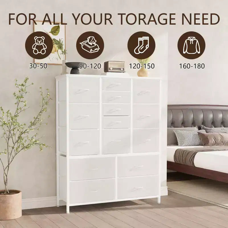 Commode en tissu à 15 tiroirs, 122 cm de haut - Tour de rangement avec cadre en acier et plateau en bois pour chambre, dressing, salon