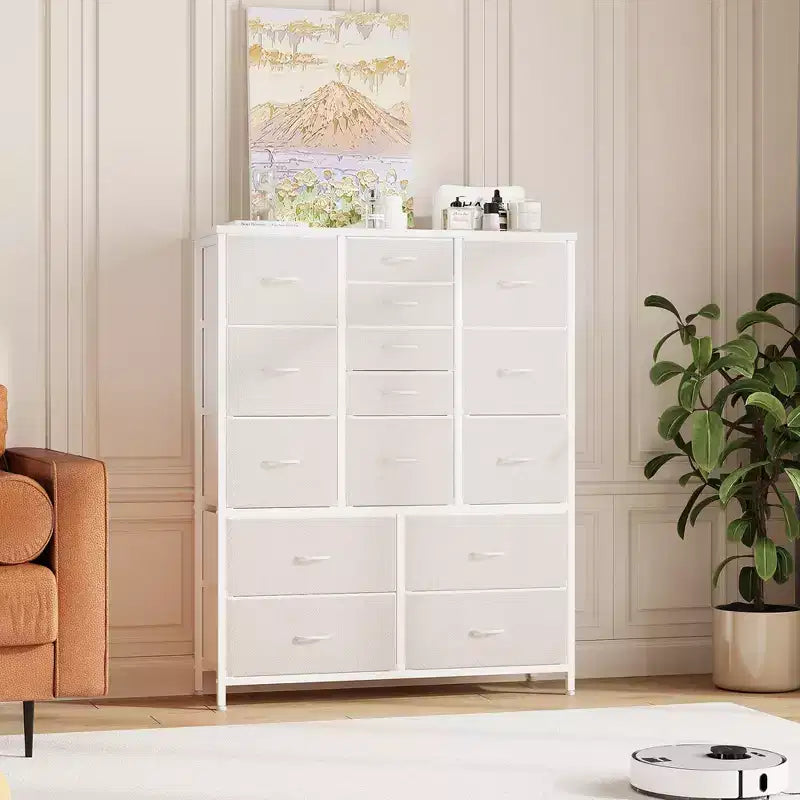 Commode en tissu à 15 tiroirs, 122 cm de haut - Tour de rangement avec cadre en acier et plateau en bois pour chambre, dressing, salon