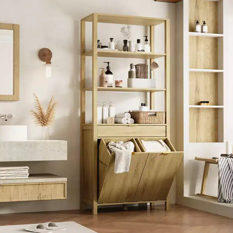 Tour de salle de bain et de buanderie en bois naturel Famapy avec tiroir et étagères ouvertes, paniers inclinables, armoire de rangement pour salle de bain et buanderie