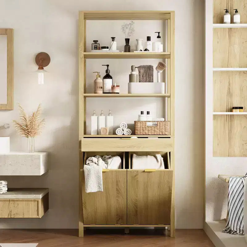 Tour de salle de bain et de buanderie en bois naturel Famapy avec tiroir et étagères ouvertes, paniers inclinables, armoire de rangement pour salle de bain et buanderie