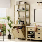 Tour de salle de bain et de buanderie en bois naturel Famapy avec tiroir et étagères ouvertes, paniers inclinables, armoire de rangement pour salle de bain et buanderie