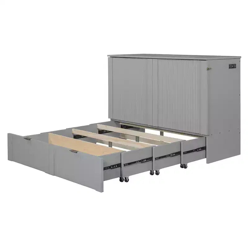 Lit escamotable mural Murphy double/grand avec tiroirs de rangement, lit armoire Murphy compact avec port USB pour chambre d'amis, structure à poulies, gris