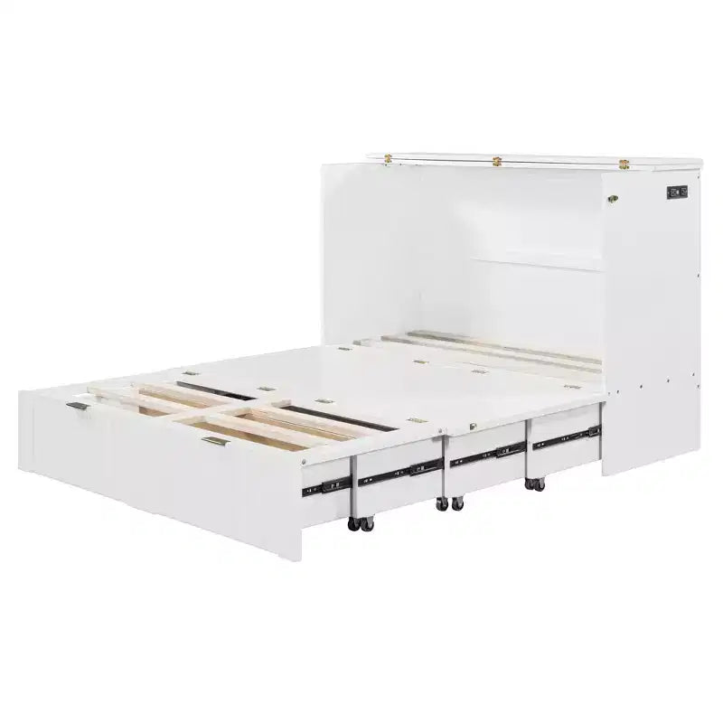 Lit escamotable mural Murphy double/grand avec tiroirs de rangement, lit armoire Murphy compact avec port USB pour chambre d'amis, structure à poulies, gris