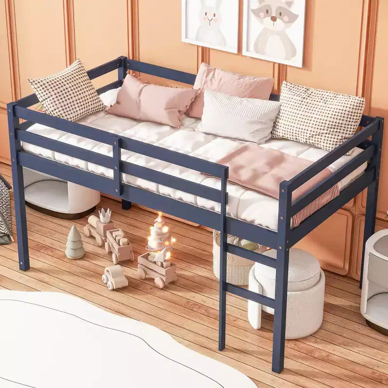 MAYEERTY Lit superposé jumeau en bois d'hévéa massif avec échelle et plateforme de lattes renforcées Bleu
