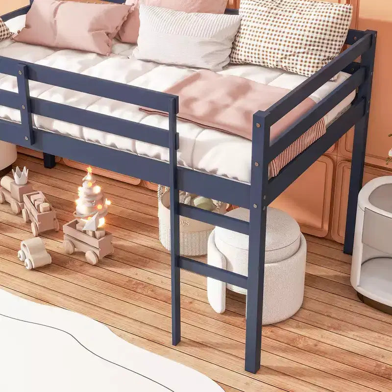 MAYEERTY Lit superposé jumeau en bois d'hévéa massif avec échelle et plateforme de lattes renforcées Bleu