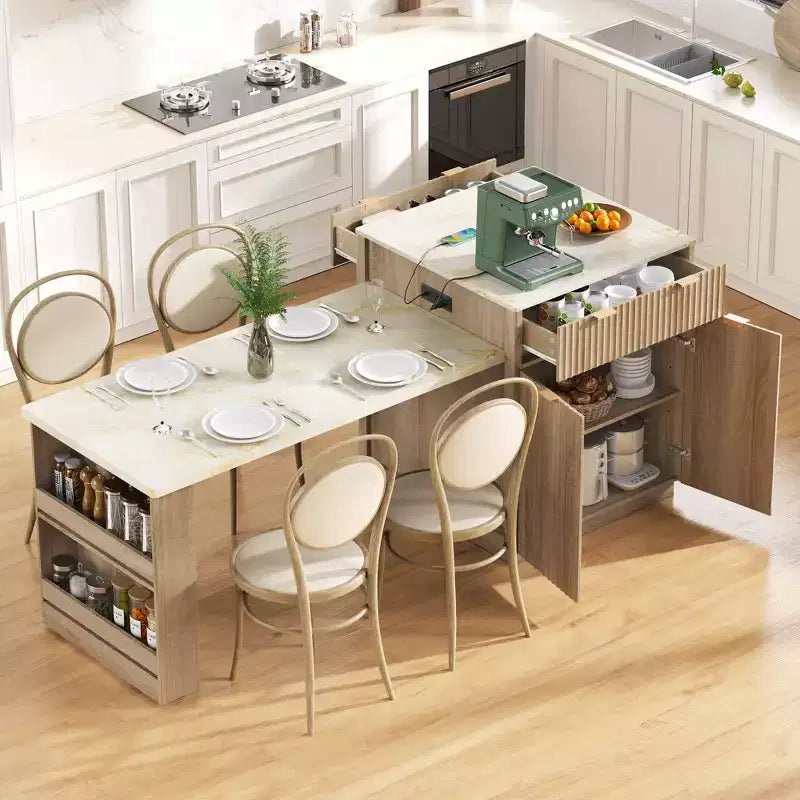 Îlot de cuisine Okak avec table extensible, organisateur de comptoir avec prise de courant et rangement double face, chariot de cuisine pour salle à manger