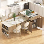 Îlot de cuisine Okak avec table extensible, organisateur de comptoir avec prise de courant et rangement double face, chariot de cuisine pour salle à manger