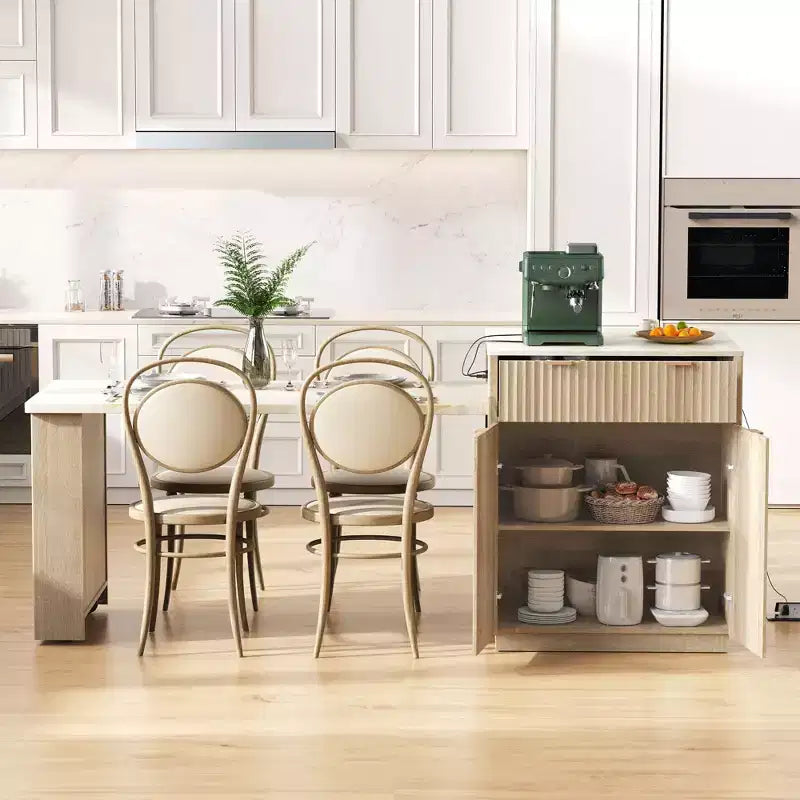 Îlot de cuisine Okak avec table extensible, organisateur de comptoir avec prise de courant et rangement double face, chariot de cuisine pour salle à manger
