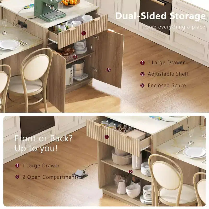Îlot de cuisine Okak avec table extensible, organisateur de comptoir avec prise de courant et rangement double face, chariot de cuisine pour salle à manger