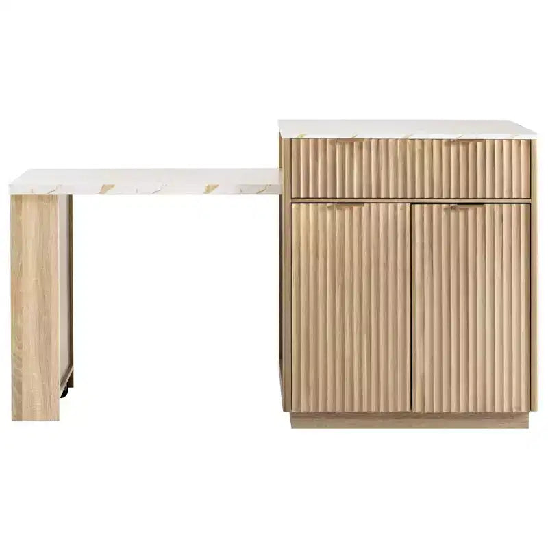 Îlot de cuisine Okak avec table extensible, organisateur de comptoir avec prise de courant et rangement double face, chariot de cuisine pour salle à manger