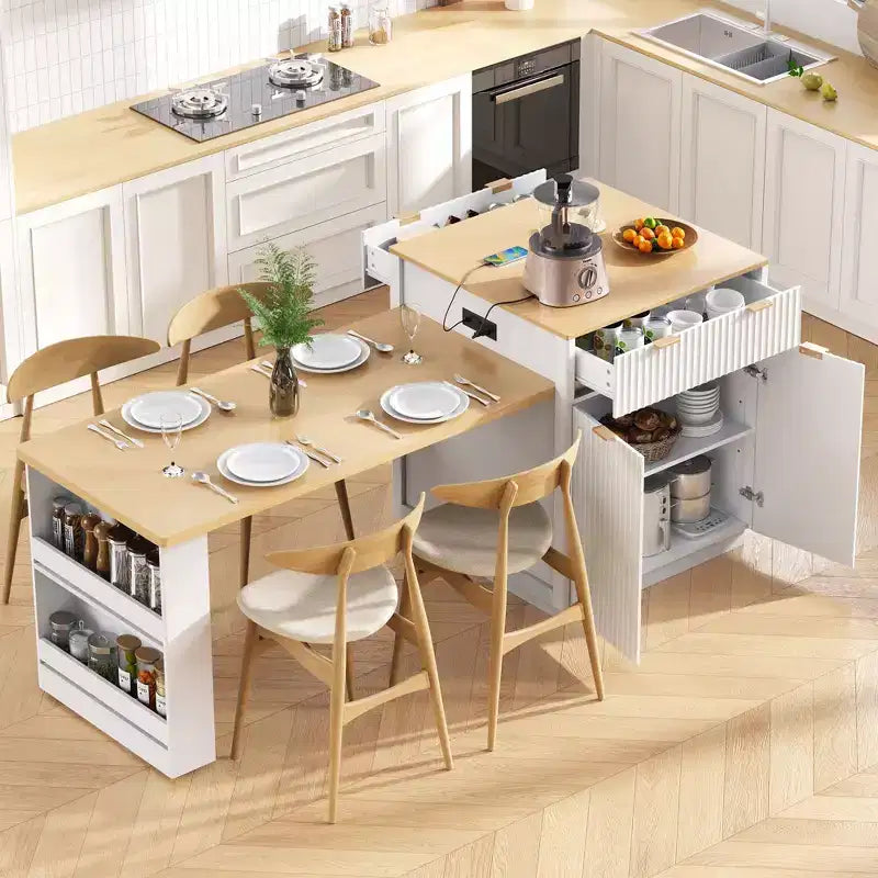 Îlot de cuisine Okak avec table extensible, organisateur de comptoir avec prise de courant et rangement double face, chariot de cuisine pour salle à manger