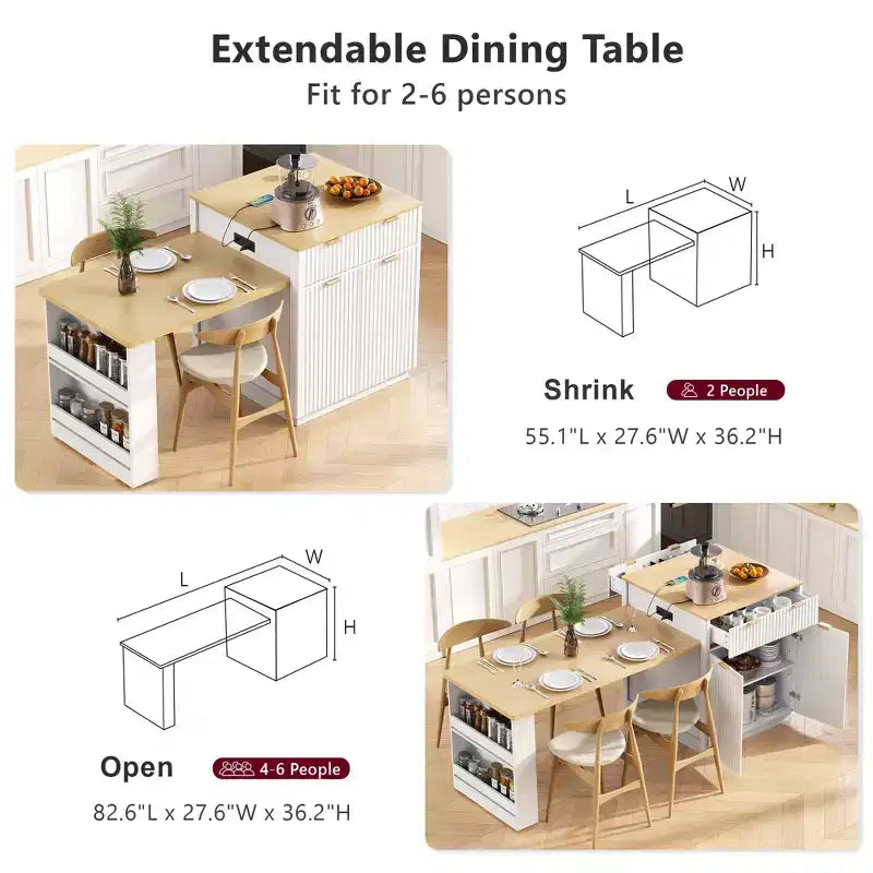 Îlot de cuisine Okak avec table extensible, organisateur de comptoir avec prise de courant et rangement double face, chariot de cuisine pour salle à manger