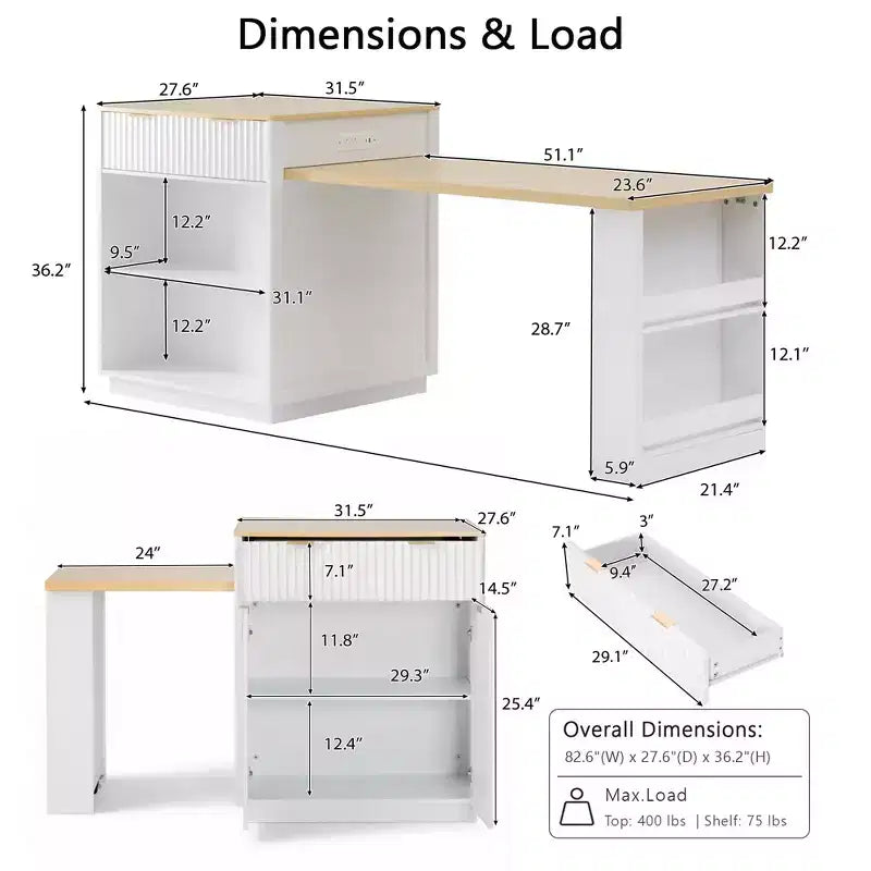 Îlot de cuisine Okak avec table extensible, organisateur de comptoir avec prise de courant et rangement double face, chariot de cuisine pour salle à manger