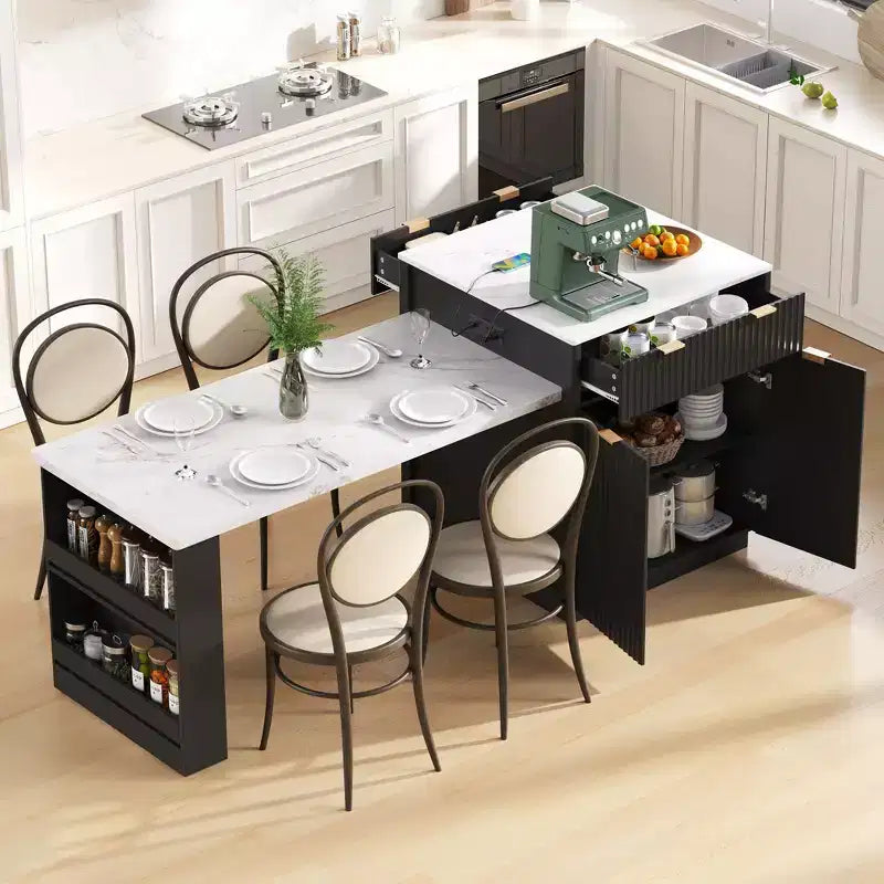 Îlot de cuisine Okak avec table extensible, organisateur de comptoir avec prise de courant et rangement double face, chariot de cuisine pour salle à manger