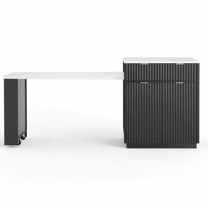 Îlot de cuisine Okak avec table extensible, organisateur de comptoir avec prise de courant et rangement double face, chariot de cuisine pour salle à manger