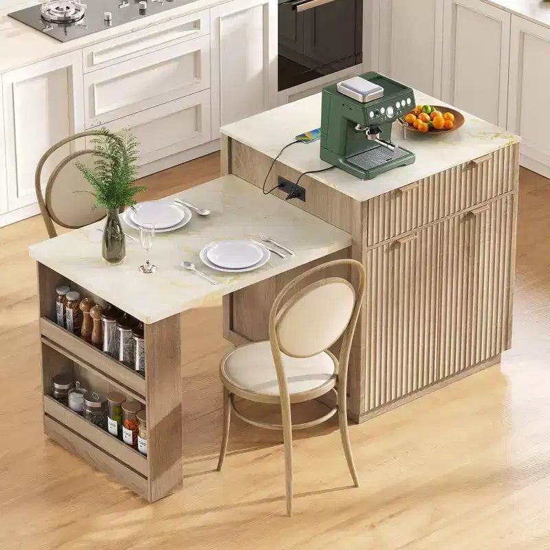 Îlot de cuisine Okak avec table extensible, organisateur de comptoir avec prise de courant et rangement double face, chariot de cuisine pour salle à manger