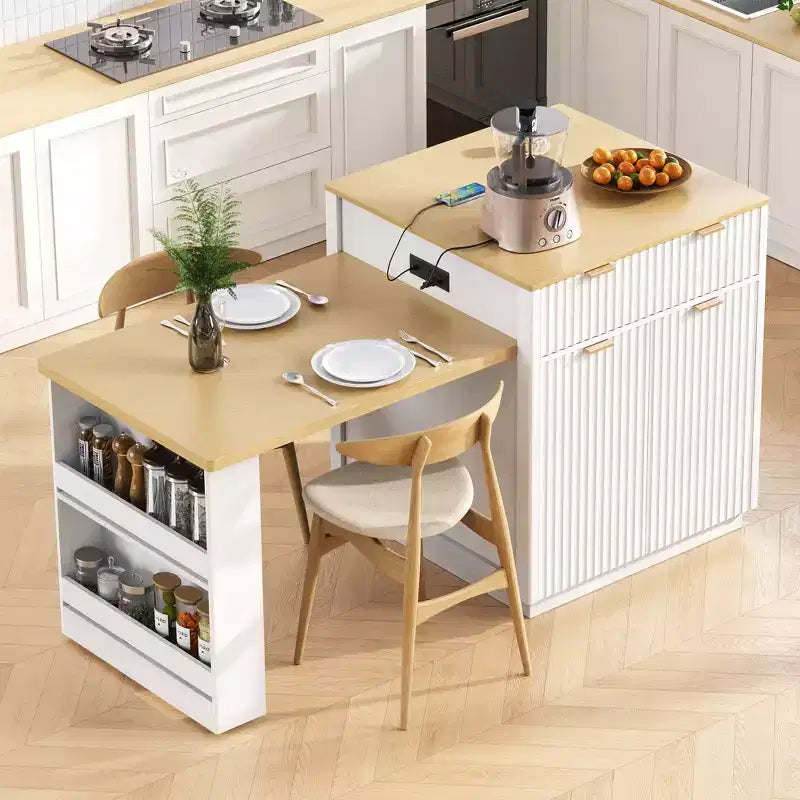 Okak Fluted Kitchen Island with Extendable Table, Countertop Organizer with Power Outlet and Double-Side Storage, Kitchen Cart for Dining Room
