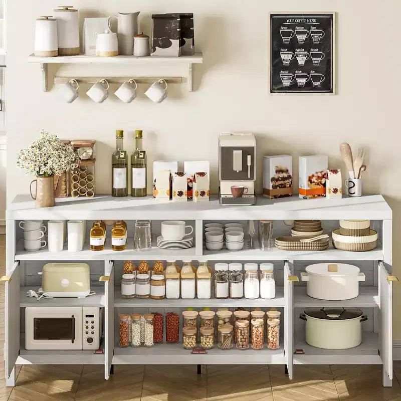 Buffet quatre portes avec façade rainurée Construction en bois moderne Idéal pour les salles à manger, les salons et les entrées