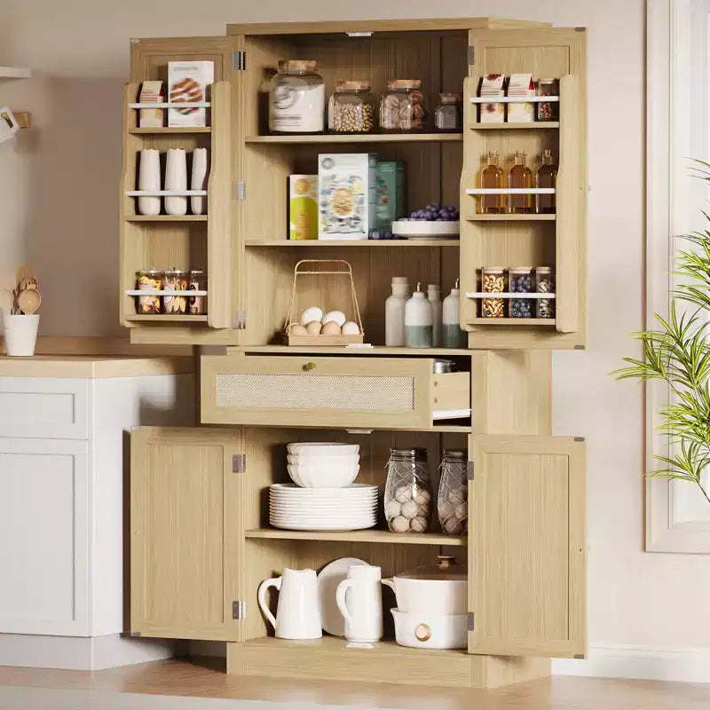 Armoire de rangement en osier avec un tiroir, deux placards et quatre étagères réglables. Idéal pour les salons, les cuisines et les buanderies.