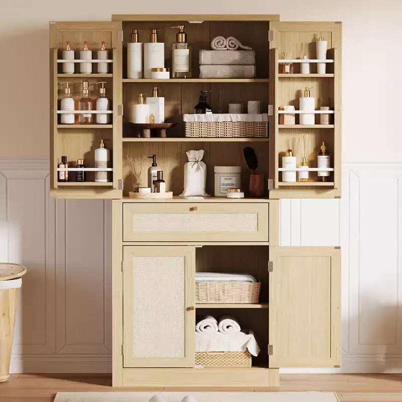 Armoire de rangement en osier avec un tiroir, deux placards et quatre étagères réglables. Idéal pour les salons, les cuisines et les buanderies.
