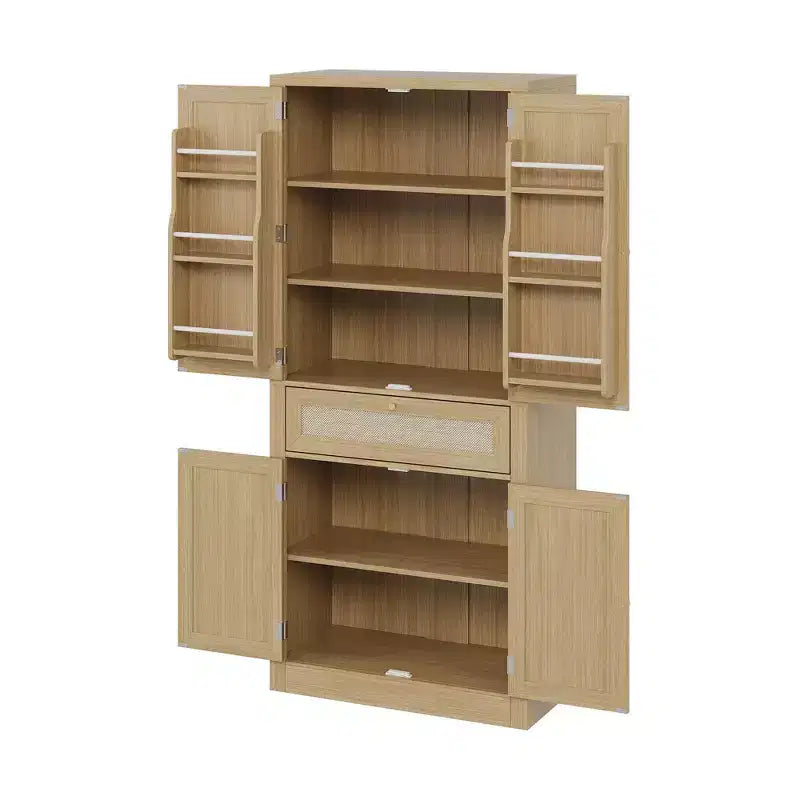 Armoire de rangement en osier avec un tiroir, deux placards et quatre étagères réglables. Idéal pour les salons, les cuisines et les buanderies.