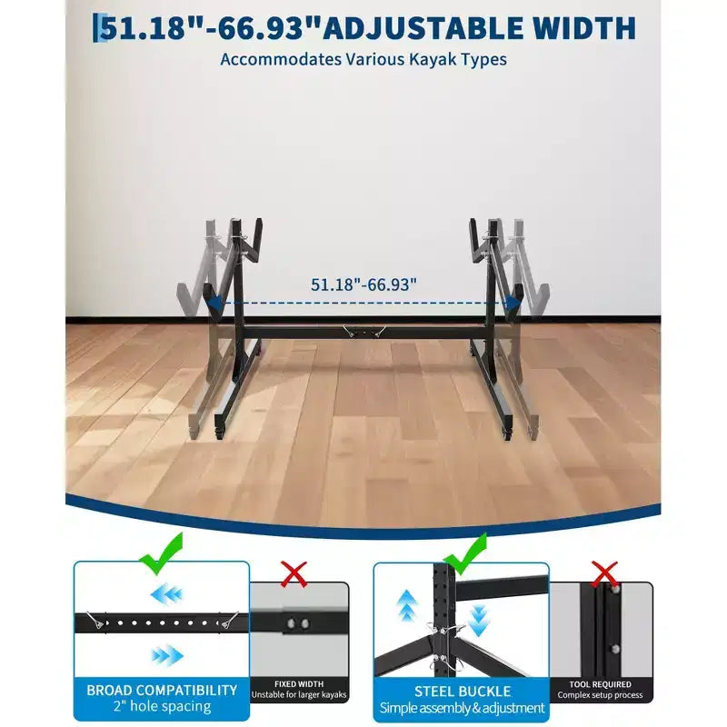 Support de rangement autonome pour 2 kayaks - Support réglable pour paddle/canoë avec roulettes verrouillables (gris, 48L x 24W) pour garage/quai/extérieur