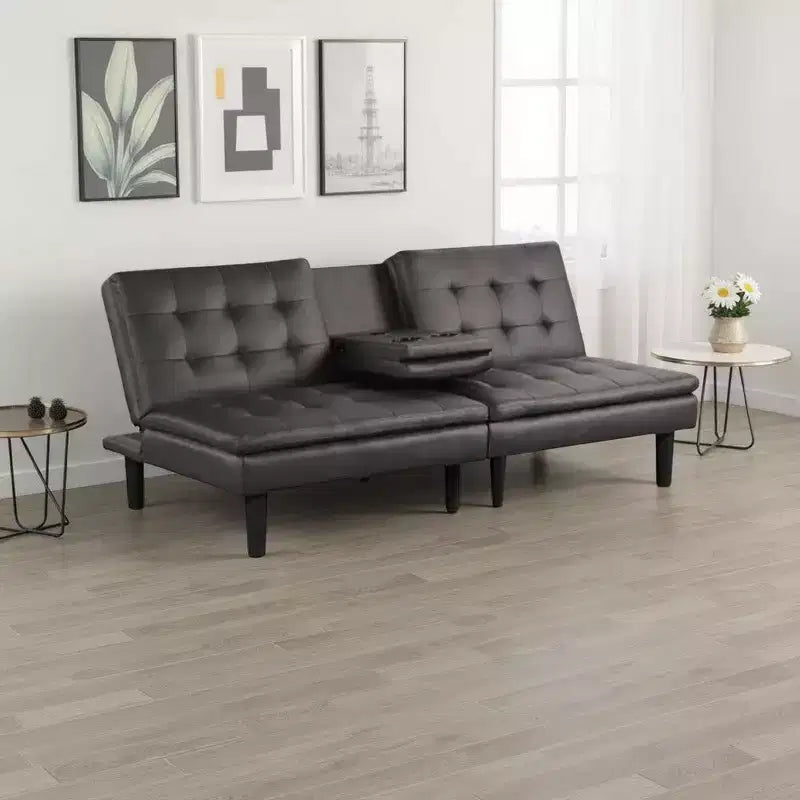 Canapé convertible Royal Hampton, plateau rabattable et porte-gobelet, similicuir gris