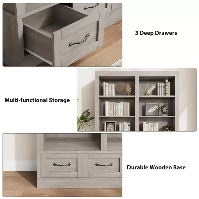 Étagère à livres de 162,56 cm de hauteur avec 4 niveaux doubles ouverts, 3 tiroirs de rangement, 4 niveaux doubles ouverts, Bibliothèques en bois profondes