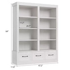 Étagère à livres de 162,56 cm de hauteur avec 4 niveaux doubles ouverts, 3 tiroirs de rangement, 4 niveaux doubles ouverts, Bibliothèques en bois profondes