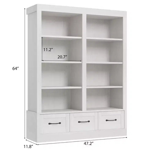 Étagère à livres de 162,56 cm de hauteur avec 4 niveaux doubles ouverts, 3 tiroirs de rangement, 4 niveaux doubles ouverts, Bibliothèques en bois profondes