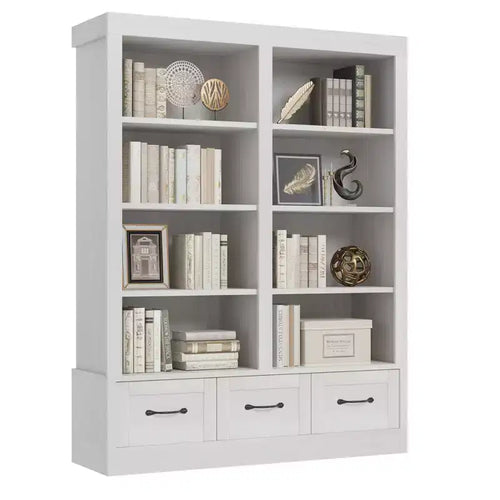 64 H Tall Bookcshelf with 4 Tier Double Wide Open Shelf, 3 Storage Drawers, 4 Tier Double Wide Open Shelf,Wooden Deep Bookshelves