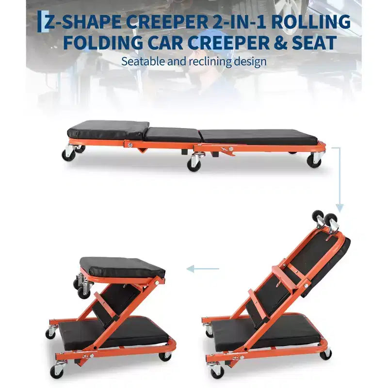 Siège roulant d'atelier 36" Z-Creeper, Siège roulant d'atelier pliable 2-en-1, 6 roulettes pivotantes, Capacité 150 kg