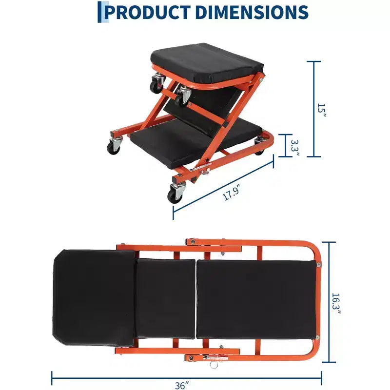 Siège roulant d'atelier 36" Z-Creeper, Siège roulant d'atelier pliable 2-en-1, 6 roulettes pivotantes, Capacité 150 kg