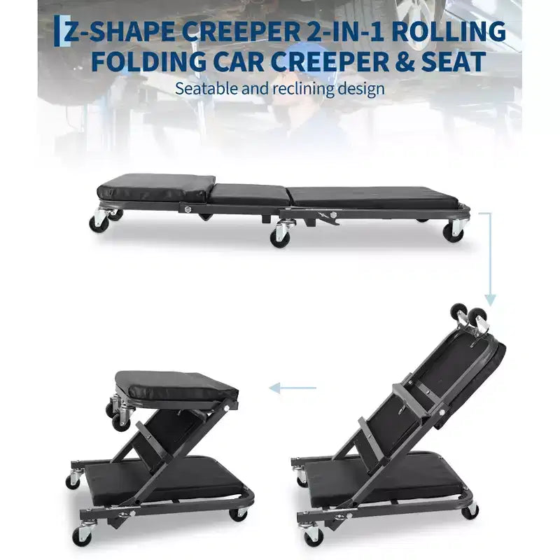 Siège roulant d'atelier 36" Z-Creeper, Siège roulant d'atelier pliable 2-en-1, 6 roulettes pivotantes, Capacité 150 kg