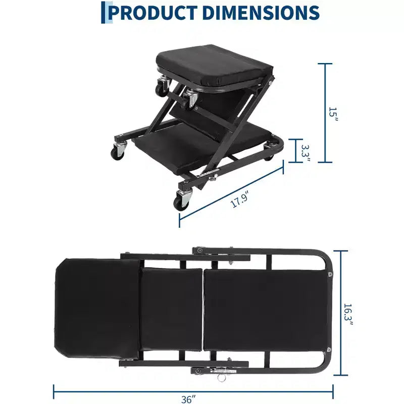 Siège roulant d'atelier 36" Z-Creeper, Siège roulant d'atelier pliable 2-en-1, 6 roulettes pivotantes, Capacité 150 kg