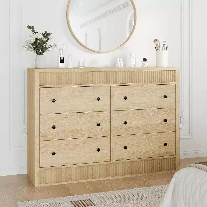 Commode 6 tiroirs au design cannelé en bois, commode moderne en chêne, organisateur de rangement pour chambre à coucher, salon, couloir, entrée, chêne naturel