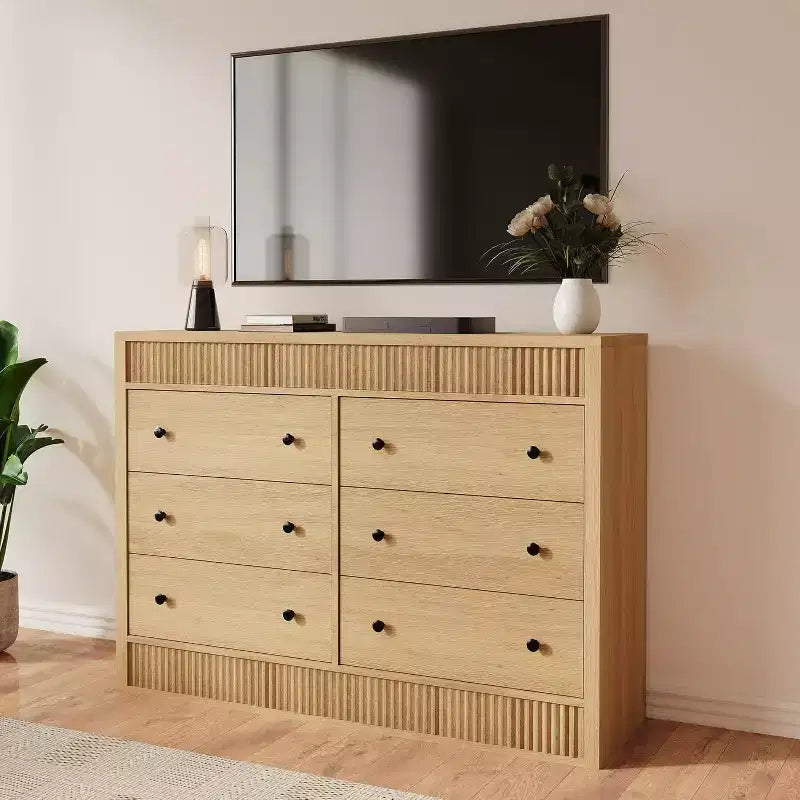 Commode 6 tiroirs au design cannelé en bois, commode moderne en chêne, organisateur de rangement pour chambre à coucher, salon, couloir, entrée, chêne naturel